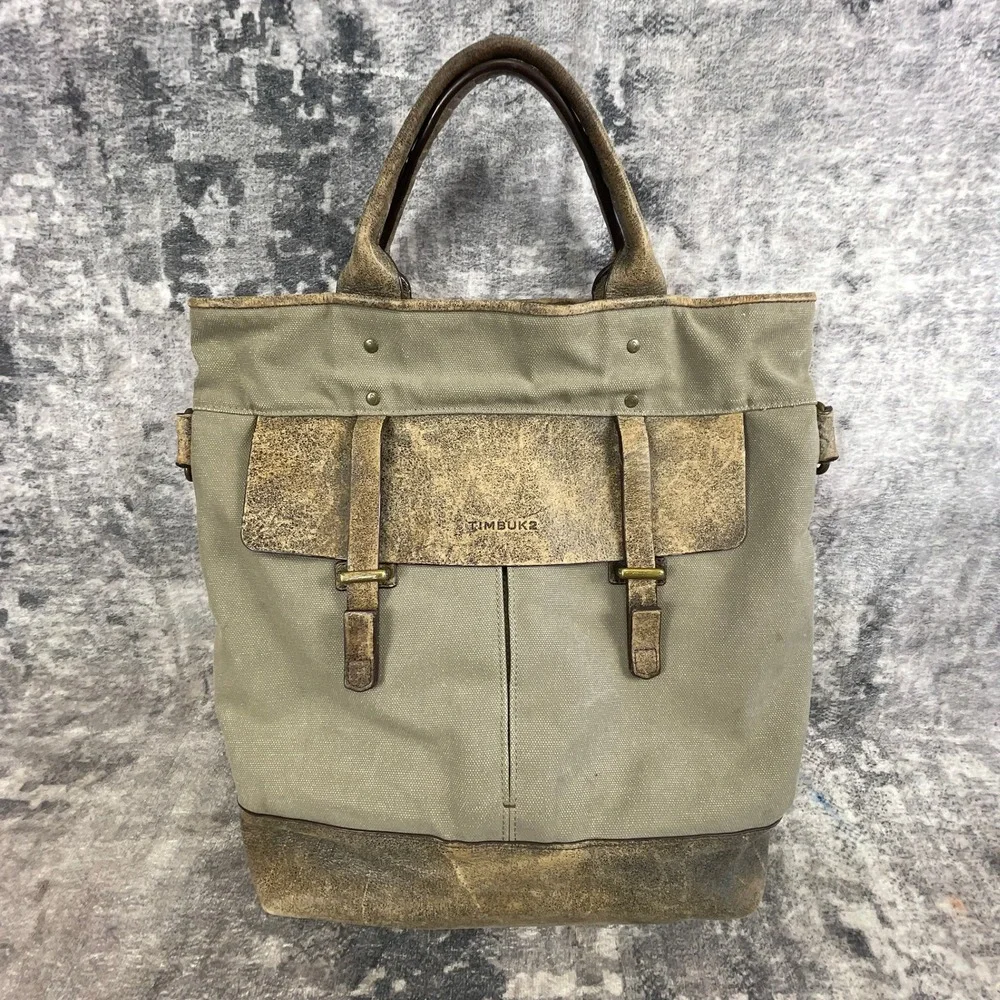 Timbuk2 Bourbon Tote Bag Grey Distressed Canvas Leather Messenger Shoulder Bag